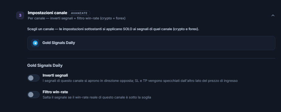 Fisarmonica Impostazioni canale: riga del canale selezionato con cornice, sotto gli interruttori Inverti segnali e Filtro win-rate