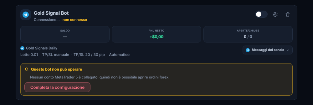 Scheda di un bot forex appena creato in I miei bot: nome e fonte del bot, elenco Questo bot non può operare e pulsante Completa la configurazione