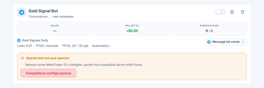 Scheda di un bot forex appena creato in I miei bot: nome e fonte del bot, elenco Questo bot non può operare e pulsante Completa la configurazione