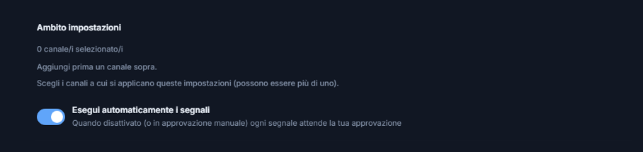 Parte superiore di Configurazione Forex: Ambito impostazioni e interruttore Esegui automaticamente i segnali attivo