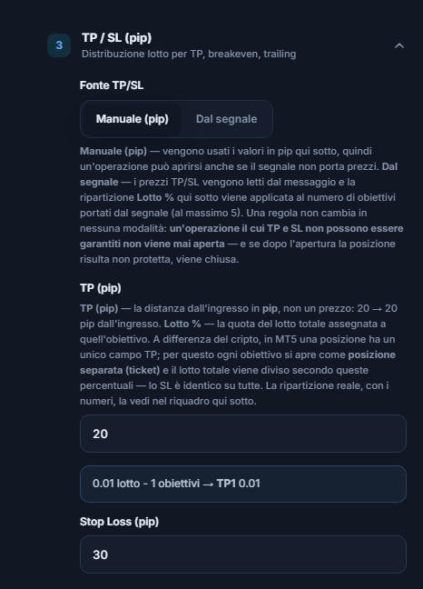Sezione TP / SL (pip): fonte TP/SL Manuale (pip) selezionata, TP (pip) 20 e Stop Loss (pip) 30