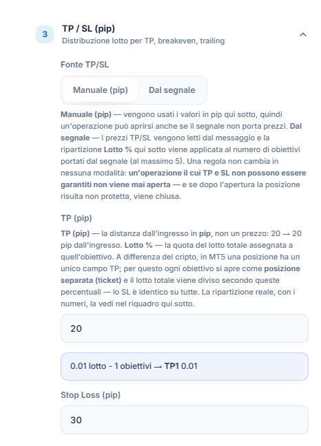 Sezione TP / SL (pip): fonte TP/SL Manuale (pip) selezionata, TP (pip) 20 e Stop Loss (pip) 30