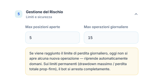 Gestione del Rischio: Max posizioni aperte 5 e Max operazioni giornaliere 15