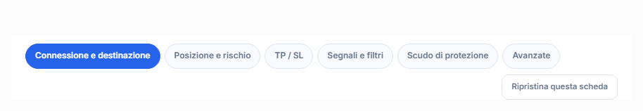 Schede della configurazione avanzata: Connessione, Posizione, TP e SL, Segnale, Protezione, Avanzate e Ripristina predefiniti