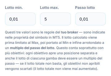 Campi Lotto min. 0.01, Lotto max. 5 e Passo lotto 0.01