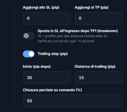 Campi pip Aggiungi allo SL e Aggiungi al TP, interruttore breakeven, interruttore trailing stop attivo con distanza di partenza e di trailing, percentuale di chiusura parziale su comando