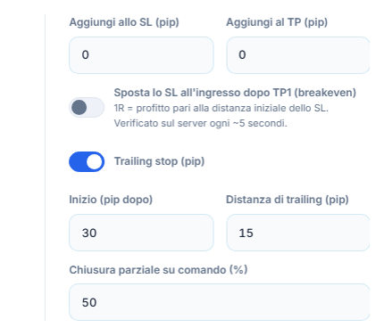 Campi pip Aggiungi allo SL e Aggiungi al TP, interruttore breakeven, interruttore trailing stop attivo con distanza di partenza e di trailing, percentuale di chiusura parziale su comando