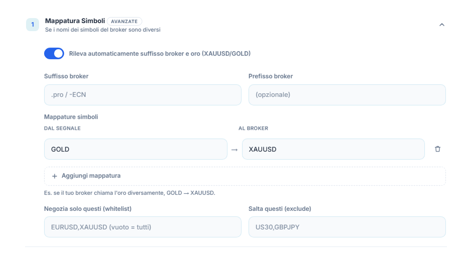 Sezione Mappatura simboli: interruttore di rilevamento automatico, campi suffisso e prefisso del broker, mappatura GOLD → XAUUSD, Aggiungi mappatura, campi whitelist ed exclude