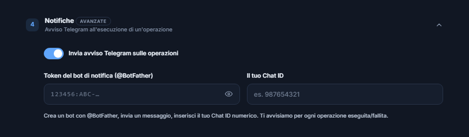 Notifiche: interruttore avviso Telegram attivo, campi token del bot e Chat ID