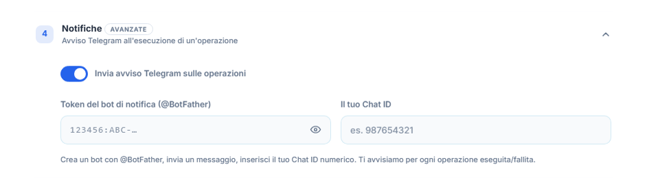 Notifiche: interruttore avviso Telegram attivo, campi token del bot e Chat ID
