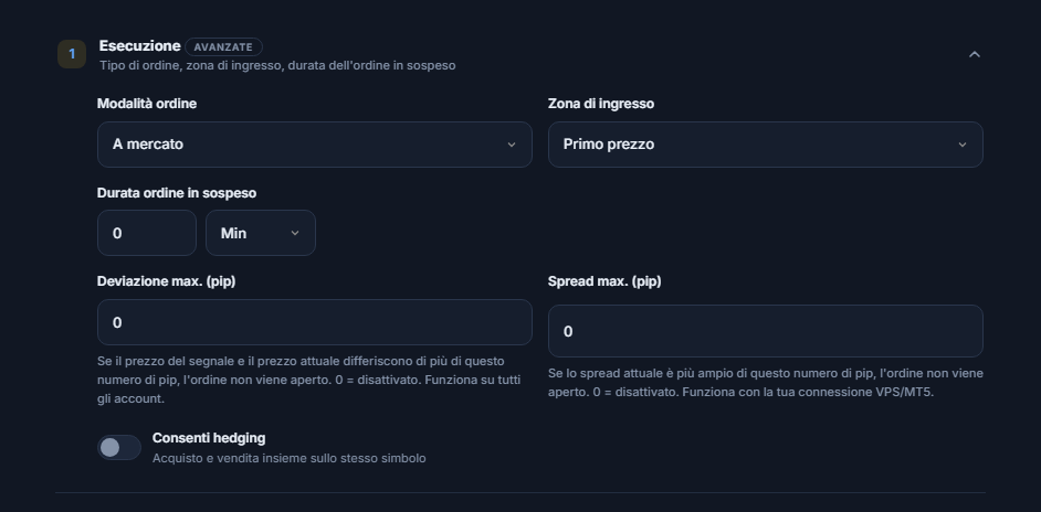 Sezione Esecuzione: Modalità ordine, Zona di ingresso, Durata ordine in sospeso, Deviazione max., Spread max. e interruttore Consenti hedging