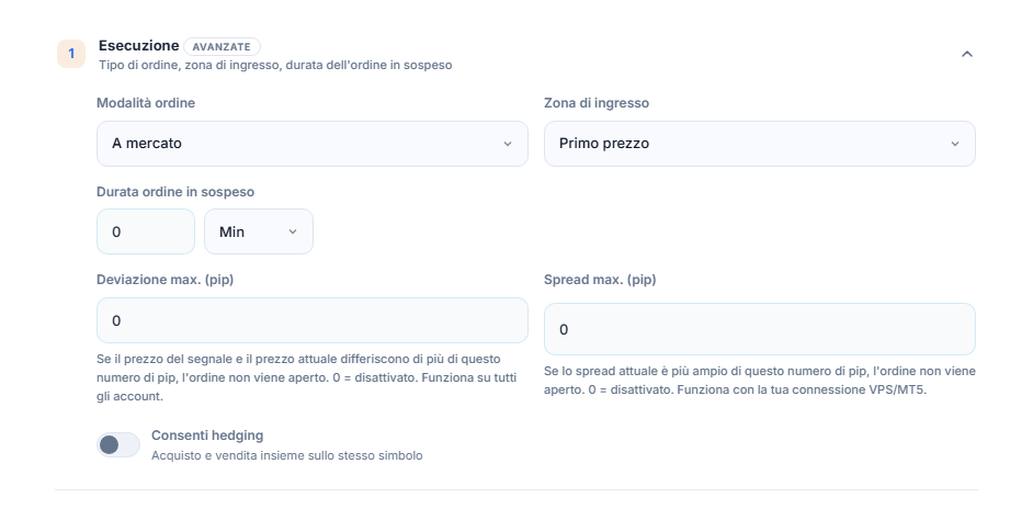 Sezione Esecuzione: Modalità ordine, Zona di ingresso, Durata ordine in sospeso, Deviazione max., Spread max. e interruttore Consenti hedging