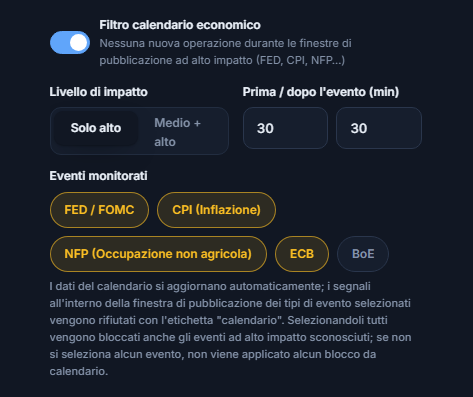 Filtro calendario economico: interruttore attivo, livello di impatto, minuti prima e dopo la notizia, tipi di evento