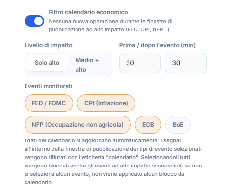 Filtro calendario economico: interruttore attivo, livello di impatto, minuti prima e dopo la notizia, tipi di evento