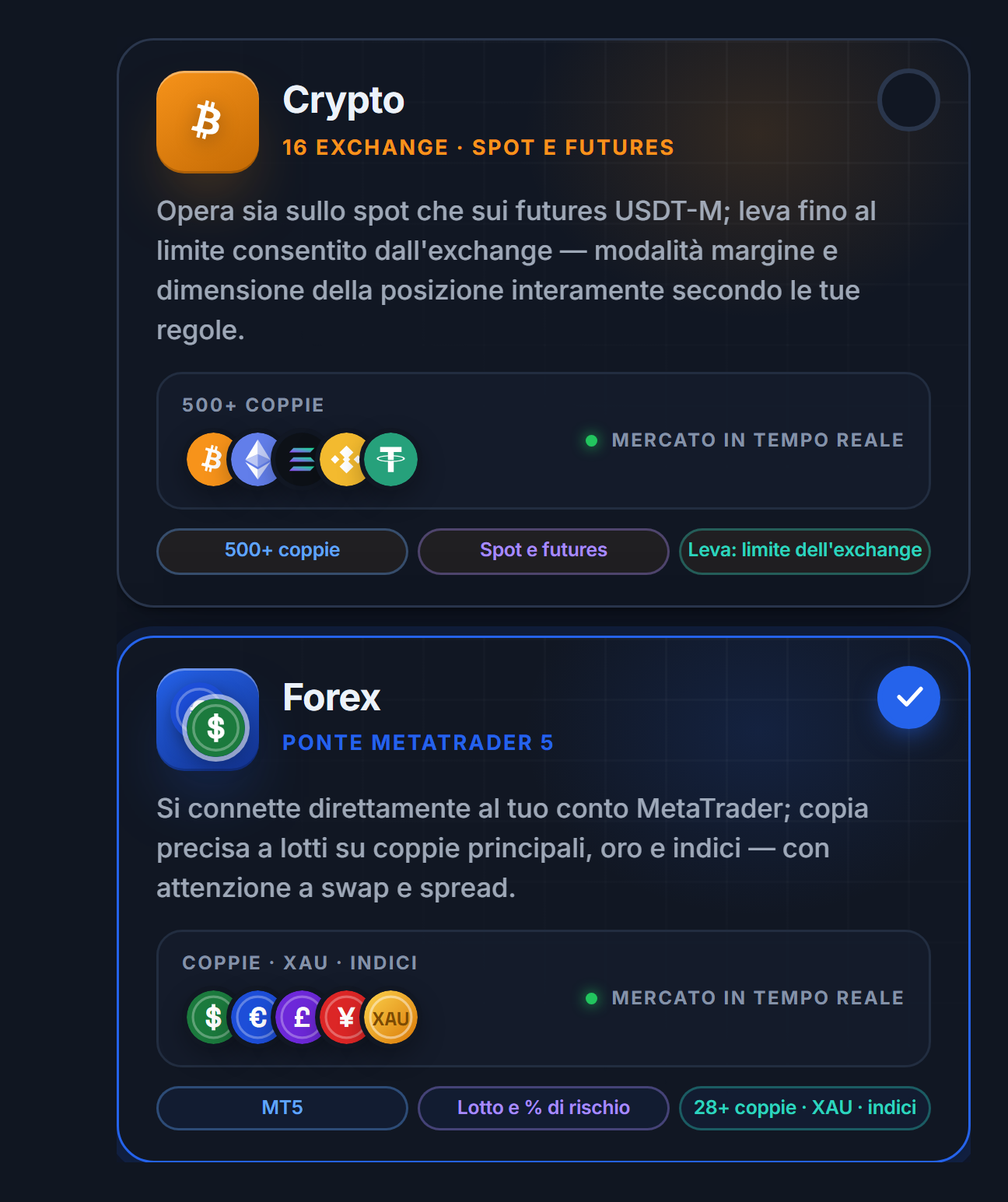 Scelta del mercato: schede Crypto e Forex, scheda Forex selezionata