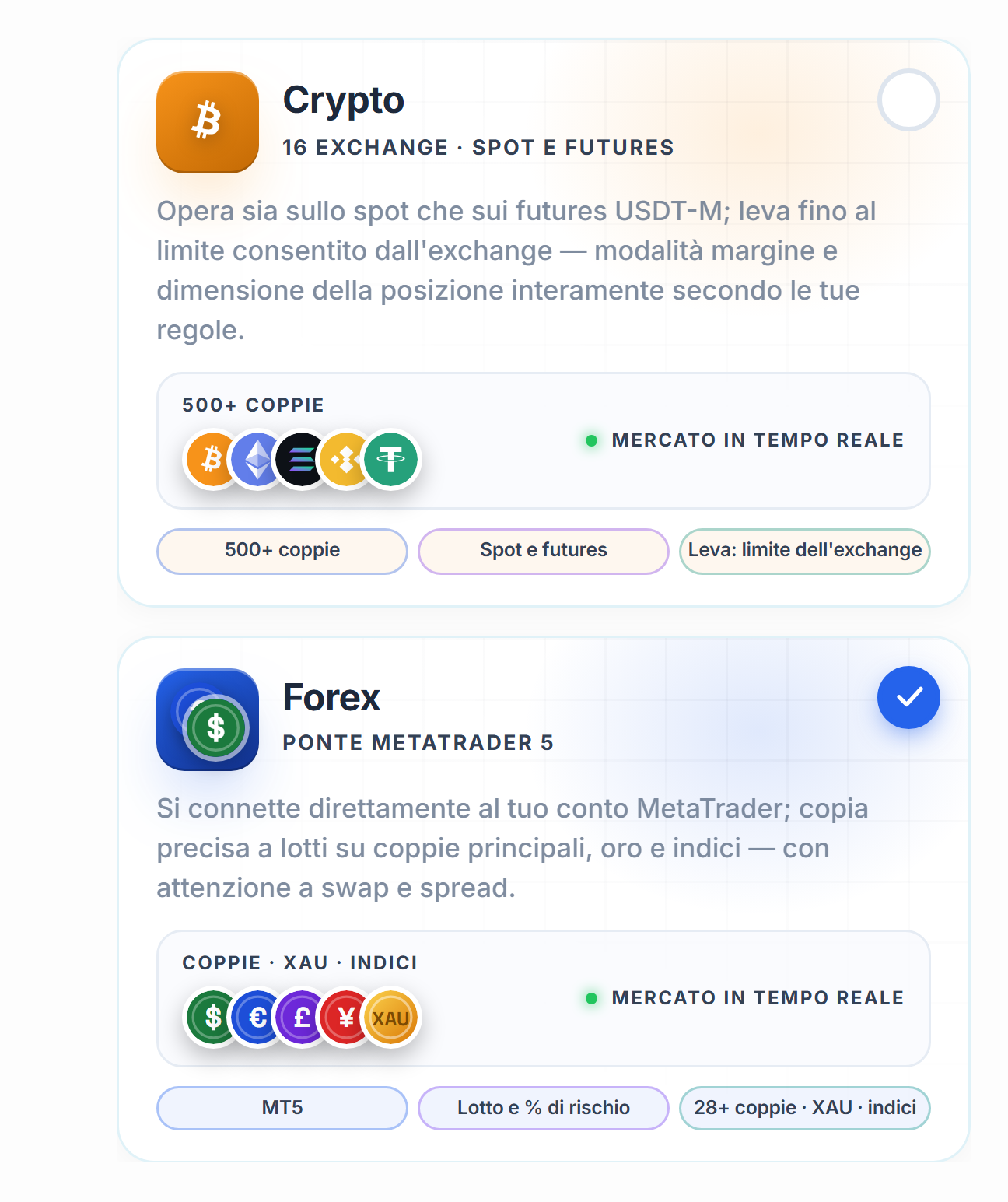 Scelta del mercato: schede Crypto e Forex, scheda Forex selezionata