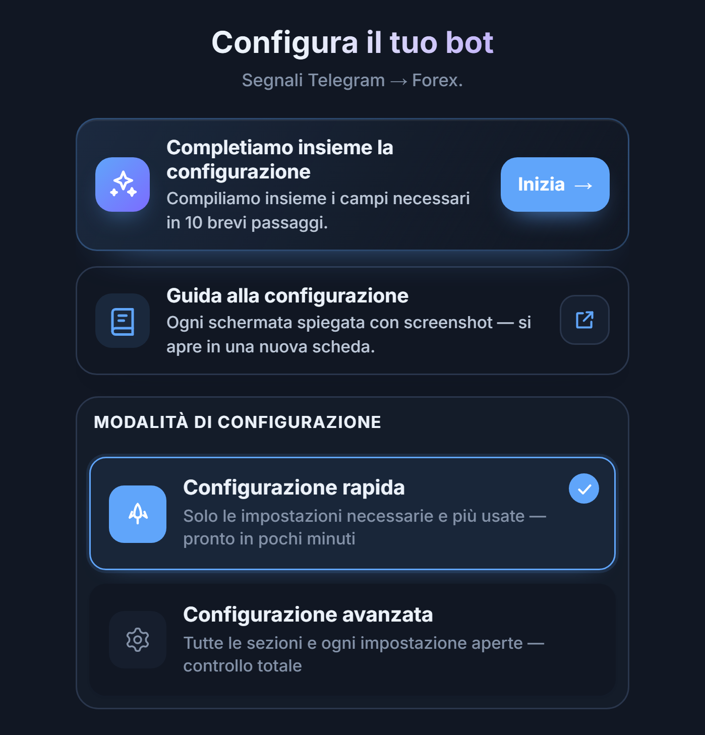 Parte superiore della schermata Configura il tuo bot: pulsante Inizia della guida alla configurazione, schede Configurazione rapida e Configurazione avanzata