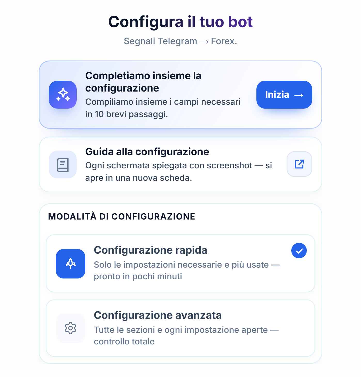 Parte superiore della schermata Configura il tuo bot: pulsante Inizia della guida alla configurazione, schede Configurazione rapida e Configurazione avanzata
