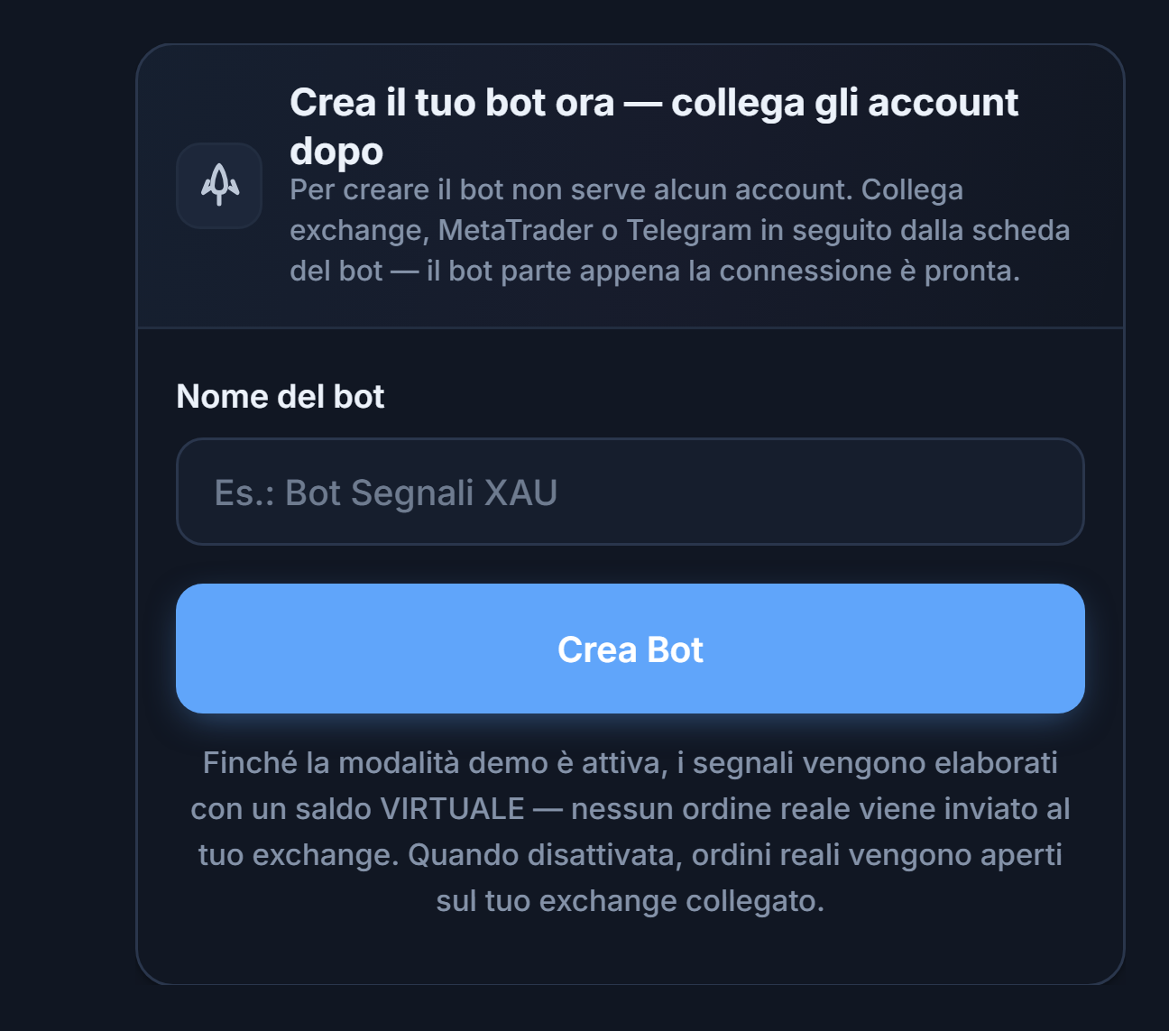Pannello Crea il tuo bot ora: campo Nome del bot e pulsante Crea Bot