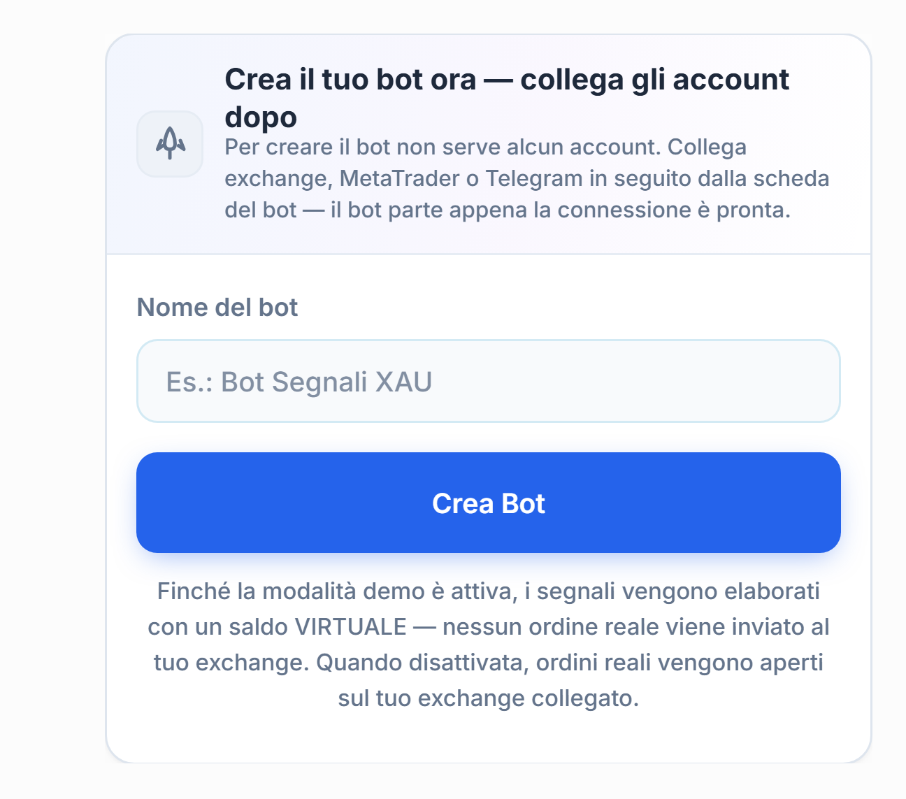 Pannello Crea il tuo bot ora: campo Nome del bot e pulsante Crea Bot