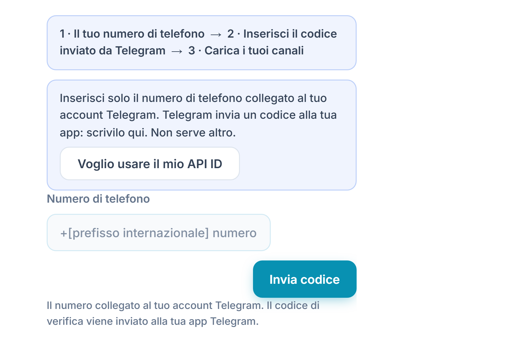 Collegamento Telegram: barra dei passaggi, campo Numero di telefono e pulsante Invia codice