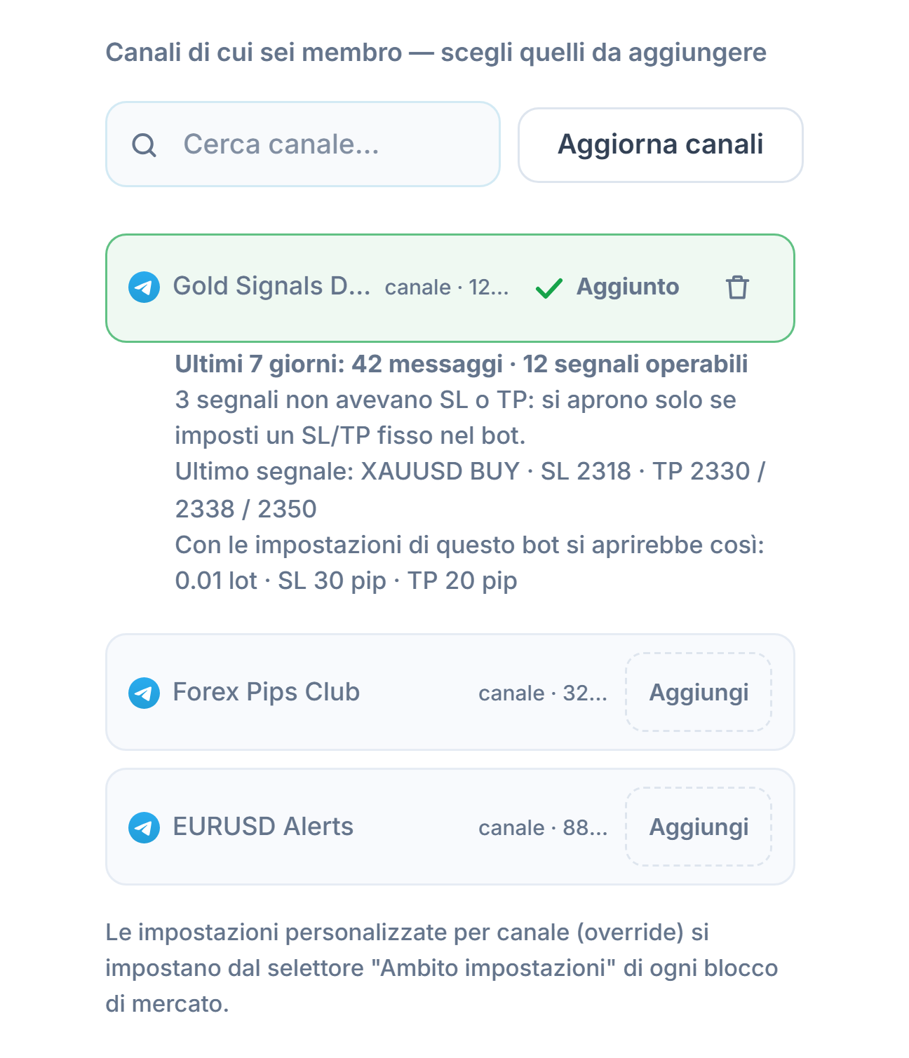 Sezione Canali segnale dopo il collegamento: casella di ricerca dei canali, pulsante Aggiorna canali, canali con il pulsante Aggiungi, segno Aggiunto su un canale già aggiunto e sotto la scheda del canale degli ultimi 7 giorni