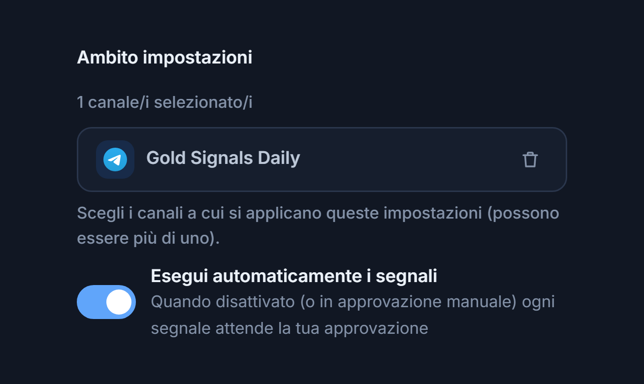 Sezione Ambito impostazioni dopo l'aggiunta di un canale: contatore 1 canale selezionato, chip del canale selezionato con segno di spunta verde e pulsante di rimozione sul chip