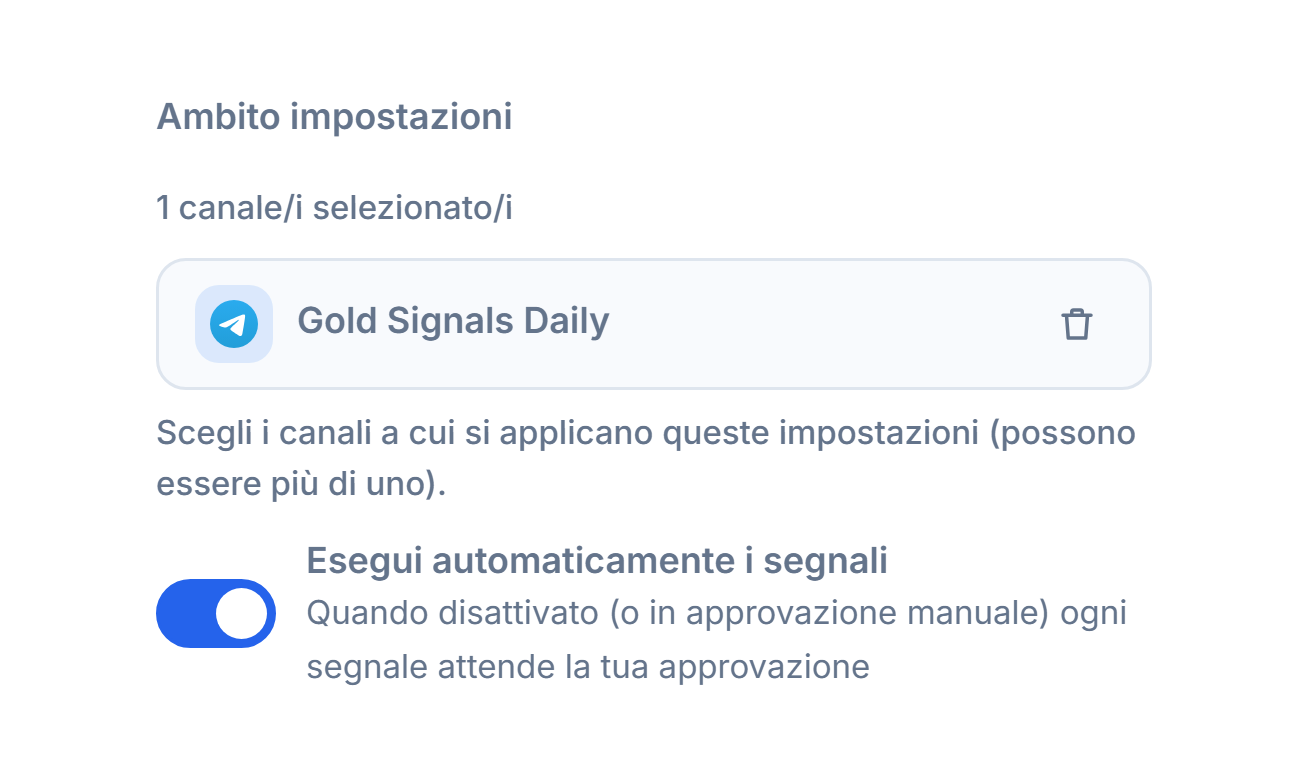 Sezione Ambito impostazioni dopo l'aggiunta di un canale: contatore 1 canale selezionato, chip del canale selezionato con segno di spunta verde e pulsante di rimozione sul chip