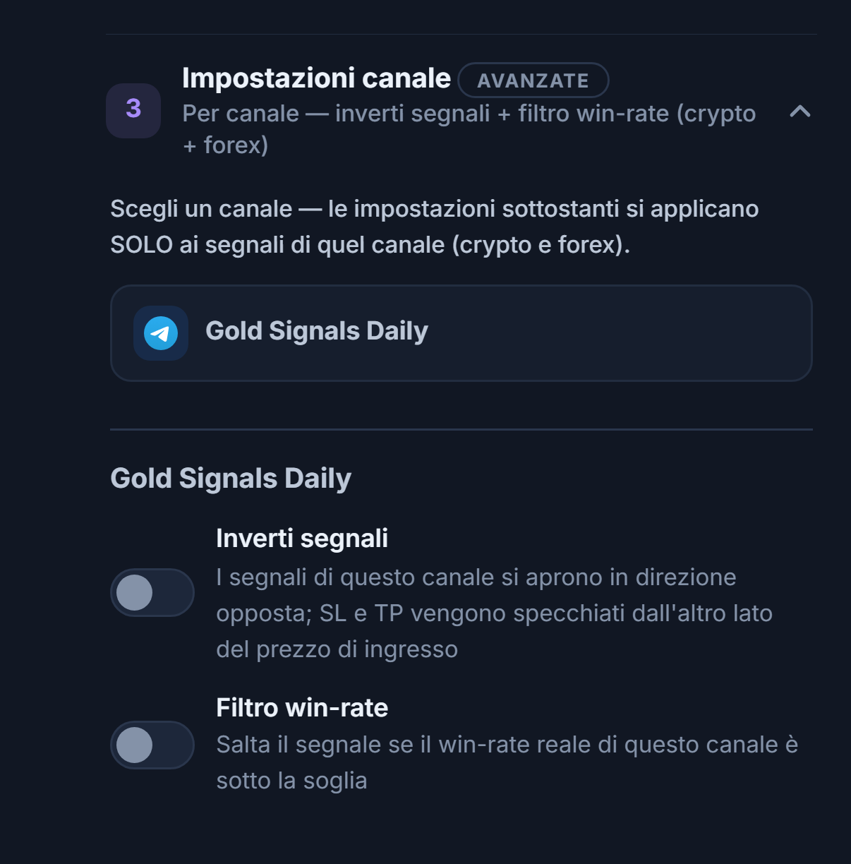 Fisarmonica Impostazioni canale: riga del canale selezionato con cornice, sotto gli interruttori Inverti segnali e Filtro win-rate