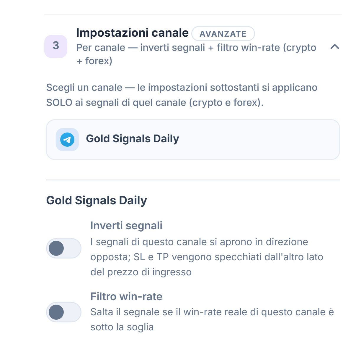 Fisarmonica Impostazioni canale: riga del canale selezionato con cornice, sotto gli interruttori Inverti segnali e Filtro win-rate
