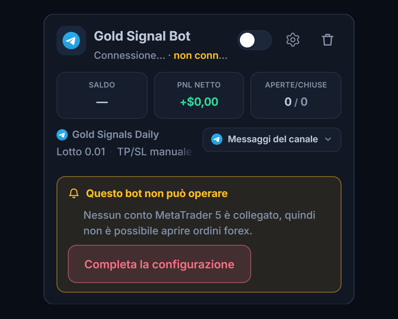 Scheda di un bot forex appena creato in I miei bot: nome e fonte del bot, elenco Questo bot non può operare e pulsante Completa la configurazione