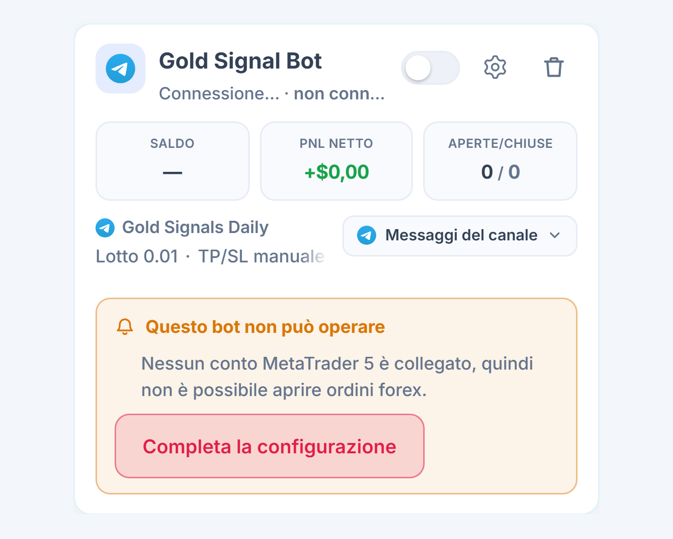 Scheda di un bot forex appena creato in I miei bot: nome e fonte del bot, elenco Questo bot non può operare e pulsante Completa la configurazione