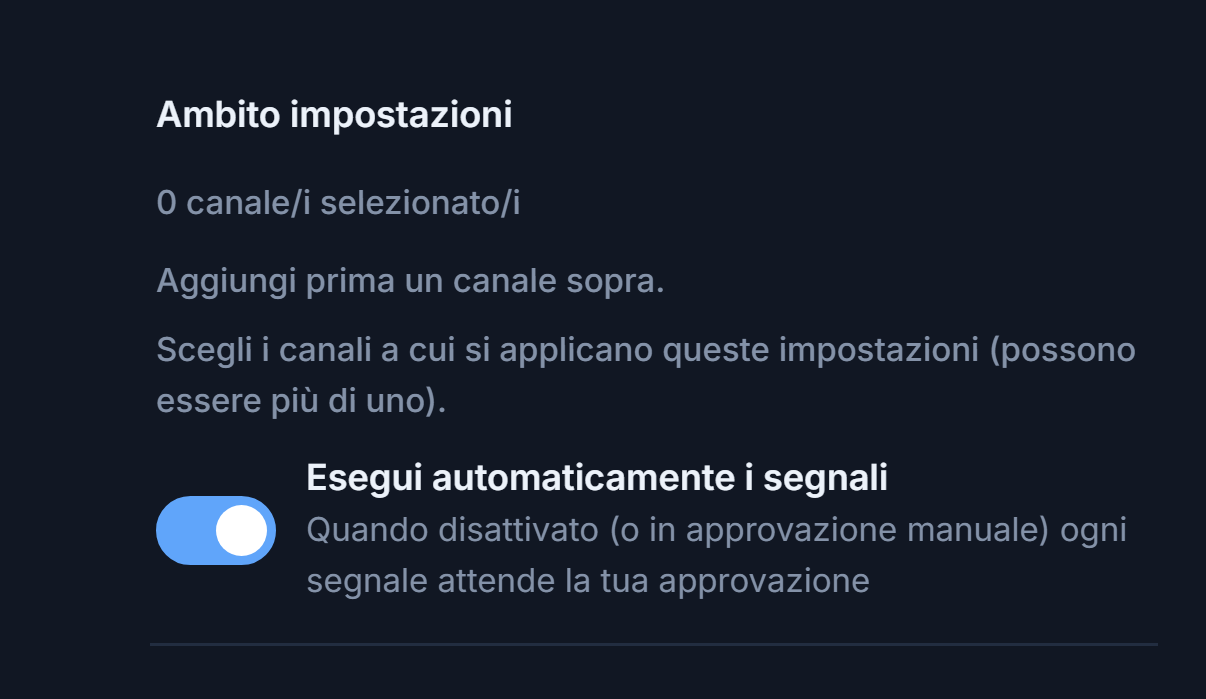Parte superiore di Configurazione Forex: Ambito impostazioni e interruttore Esegui automaticamente i segnali attivo