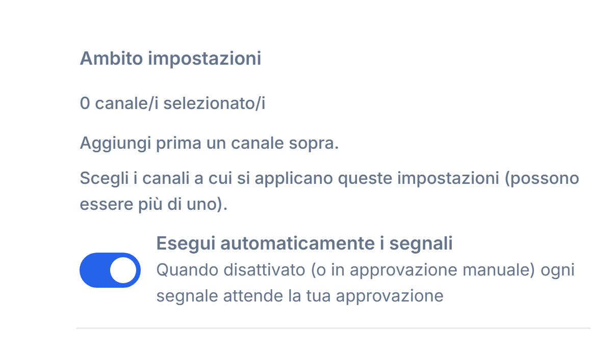 Parte superiore di Configurazione Forex: Ambito impostazioni e interruttore Esegui automaticamente i segnali attivo