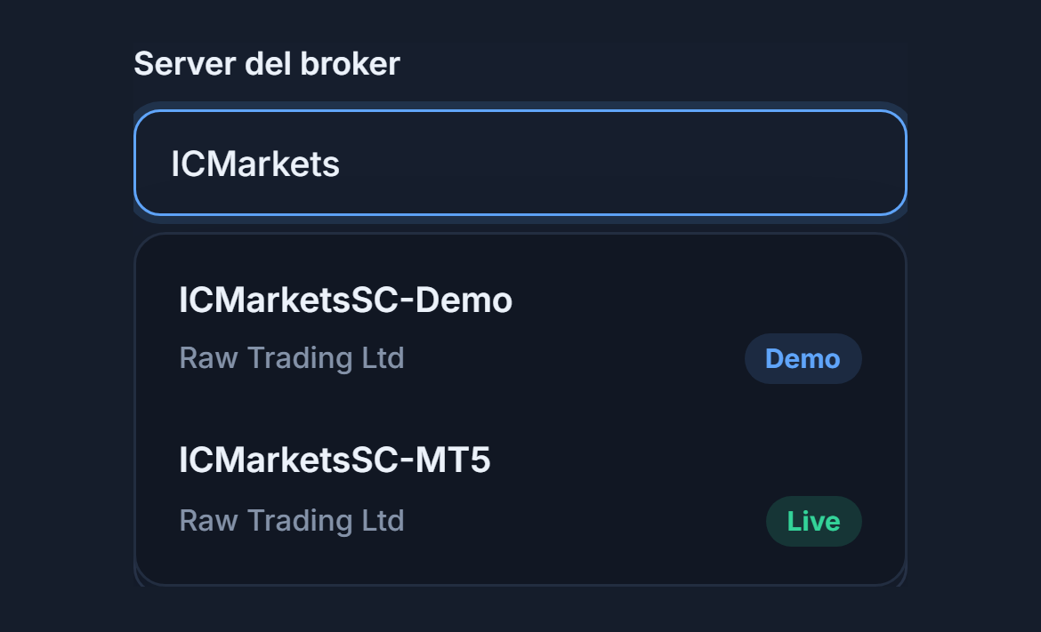 Nel campo Server del broker è scritto ICMarkets, sotto due server con badge Demo e Live