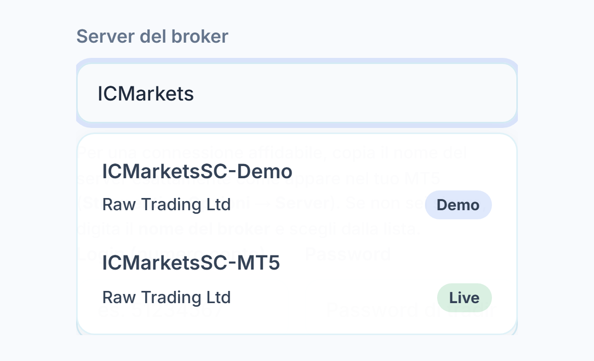 Nel campo Server del broker è scritto ICMarkets, sotto due server con badge Demo e Live