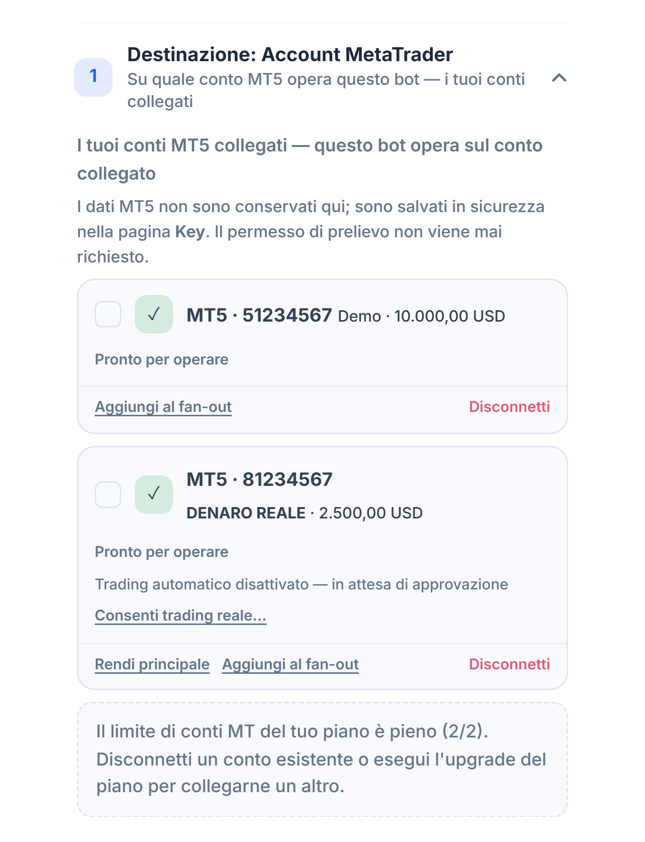 Conti MT5 collegati: una scheda di conto demo e una di conto reale; sul conto reale la nota Trading automatico disattivato in attesa di approvazione e il pulsante Consenti trading reale
