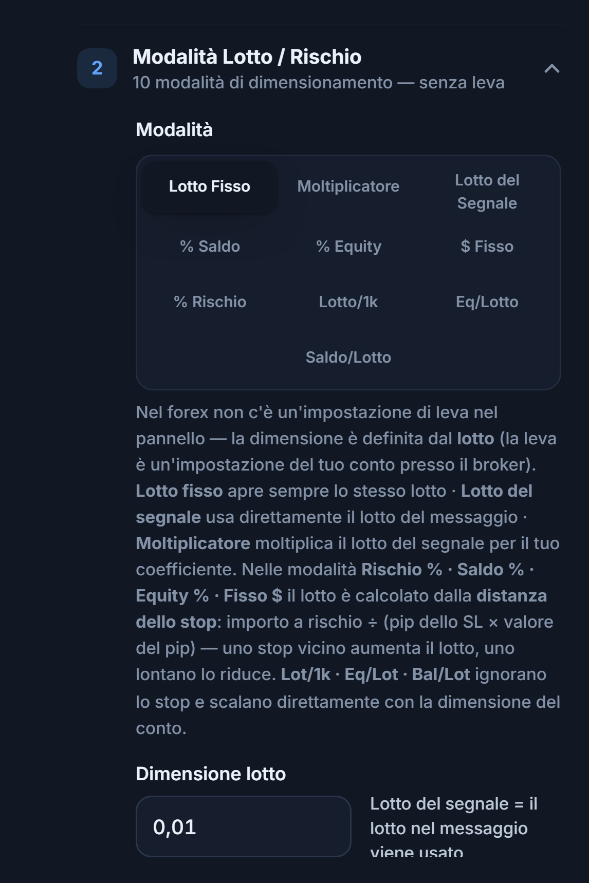 Sezione Modalità Lotto / Rischio: Lotto Fisso selezionato e campo Dimensione lotto 0.01