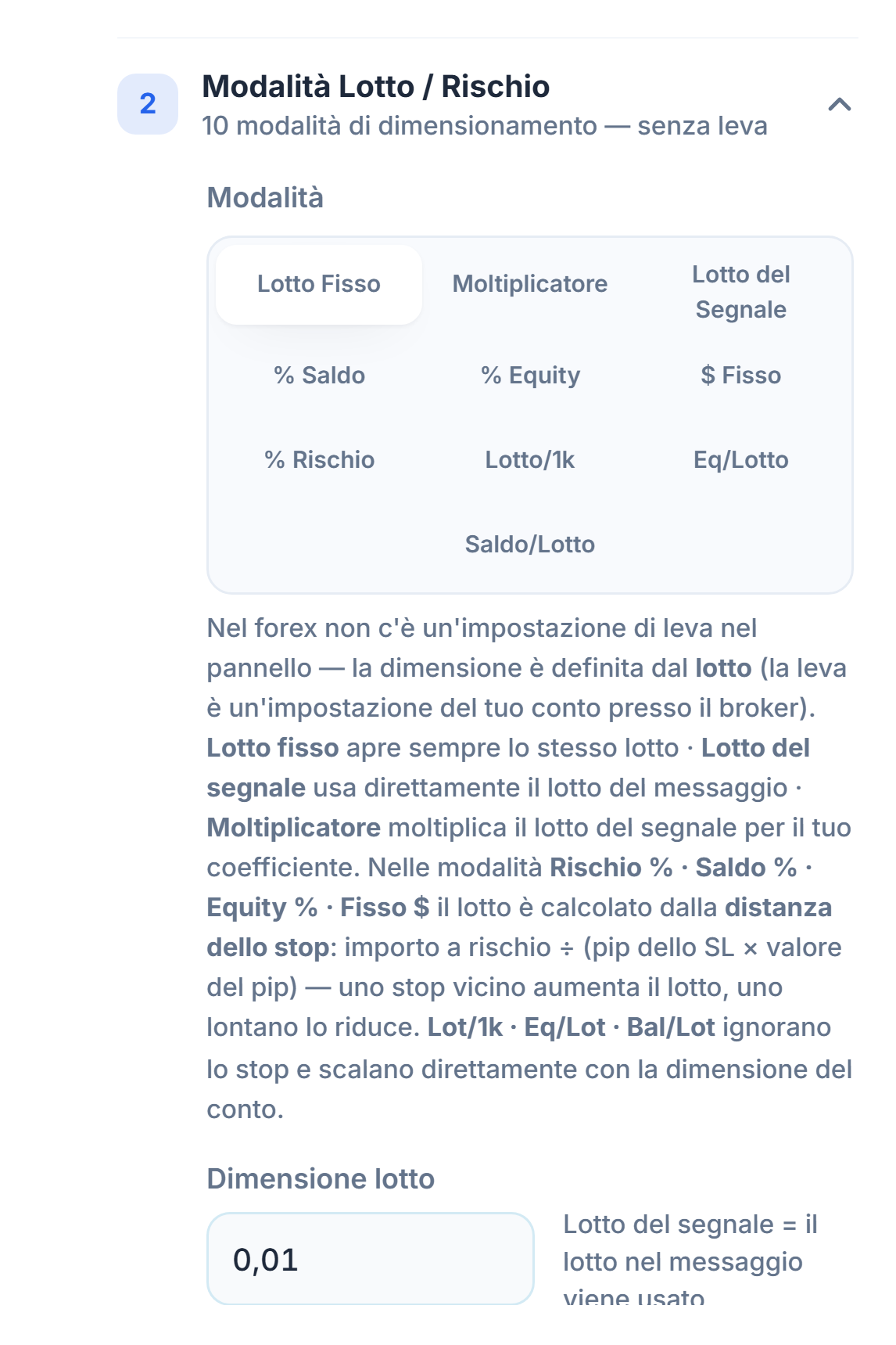 Sezione Modalità Lotto / Rischio: Lotto Fisso selezionato e campo Dimensione lotto 0.01