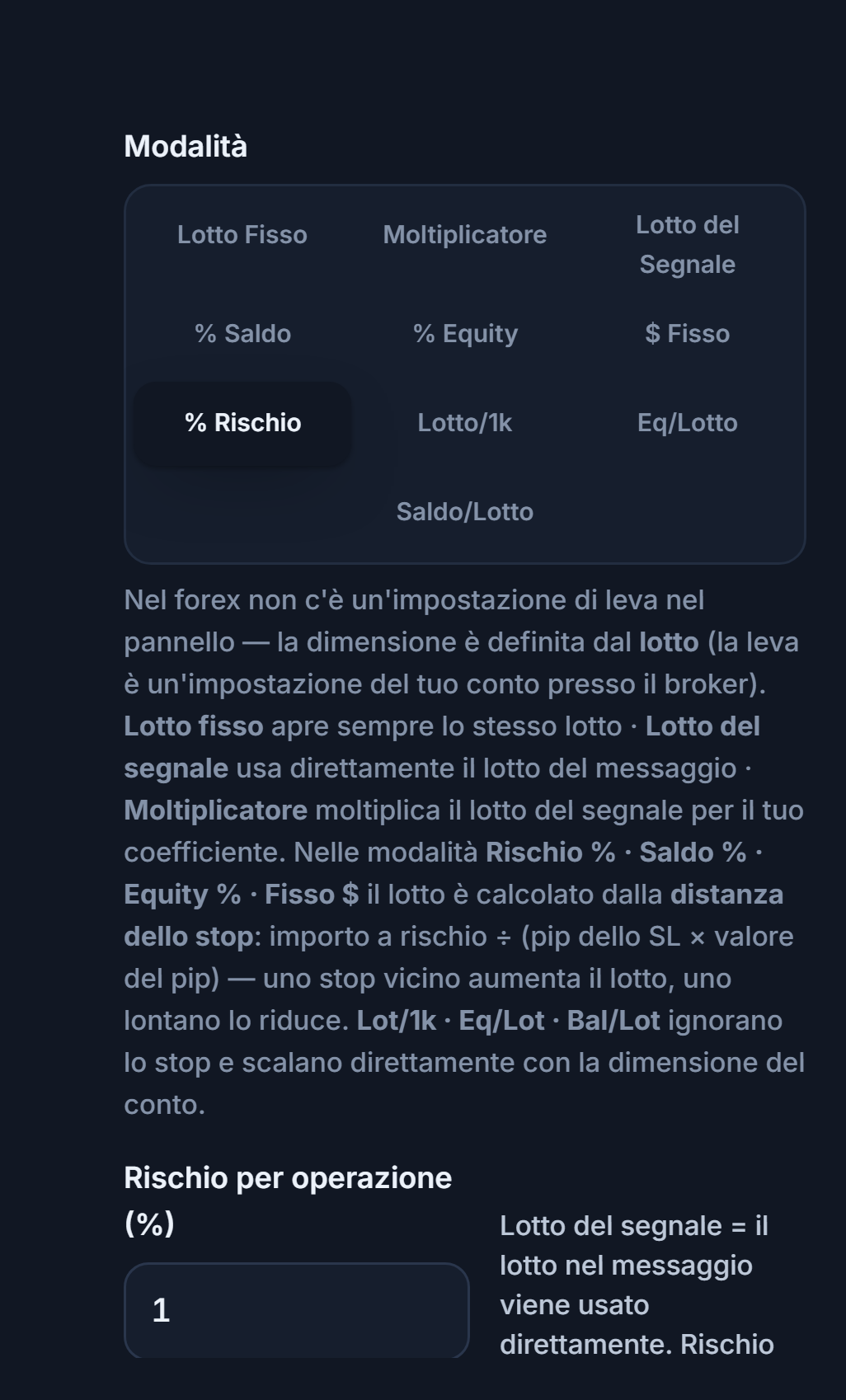 Modalità Lotto / Rischio: Rischio % selezionato e campo Rischio per operazione (%)