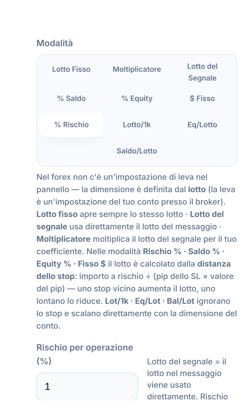 Modalità Lotto / Rischio: Rischio % selezionato e campo Rischio per operazione (%)