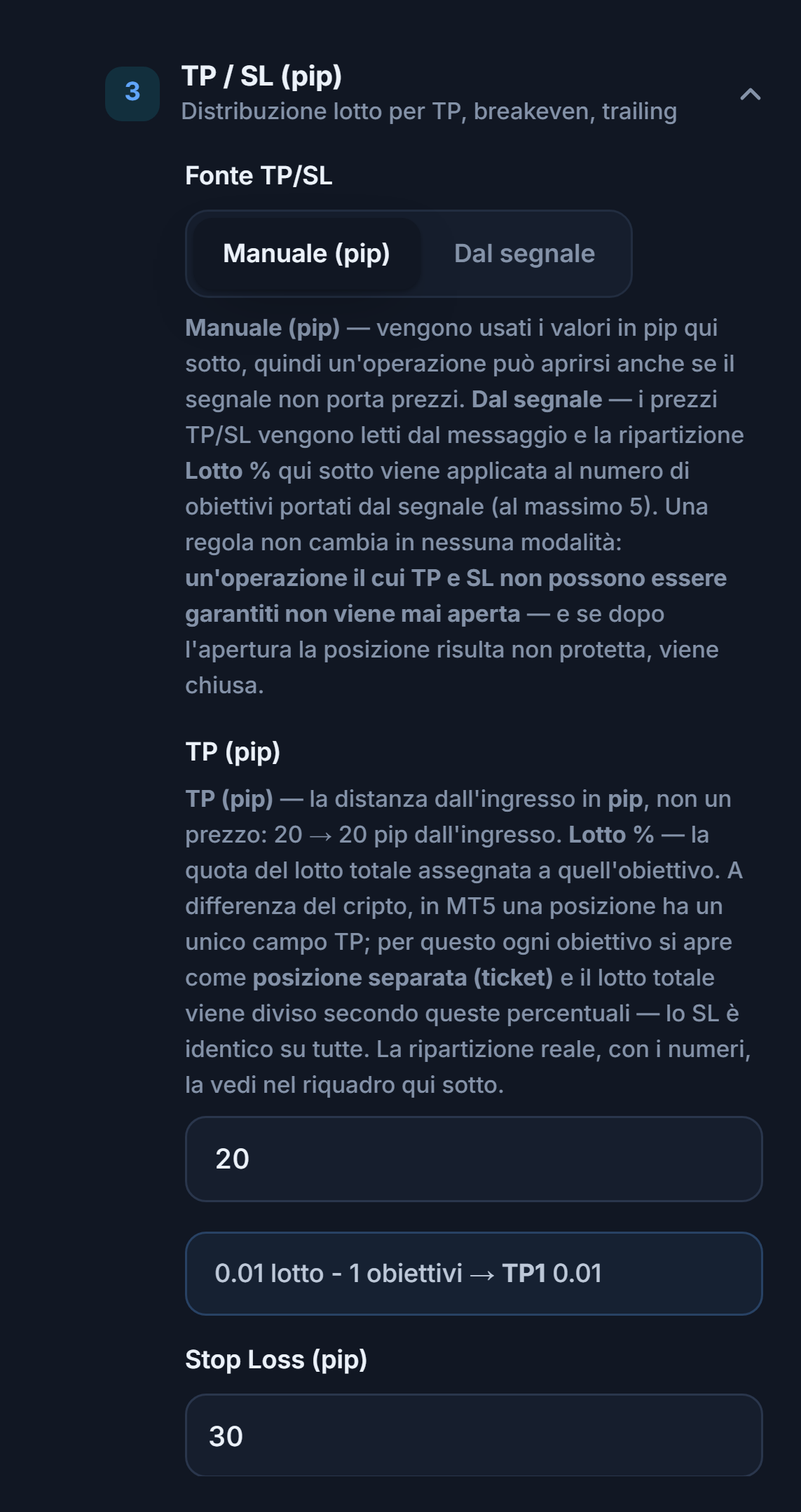 Sezione TP / SL (pip): fonte TP/SL Manuale (pip) selezionata, TP (pip) 20 e Stop Loss (pip) 30