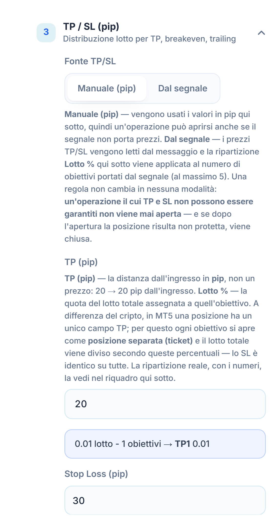 Sezione TP / SL (pip): fonte TP/SL Manuale (pip) selezionata, TP (pip) 20 e Stop Loss (pip) 30