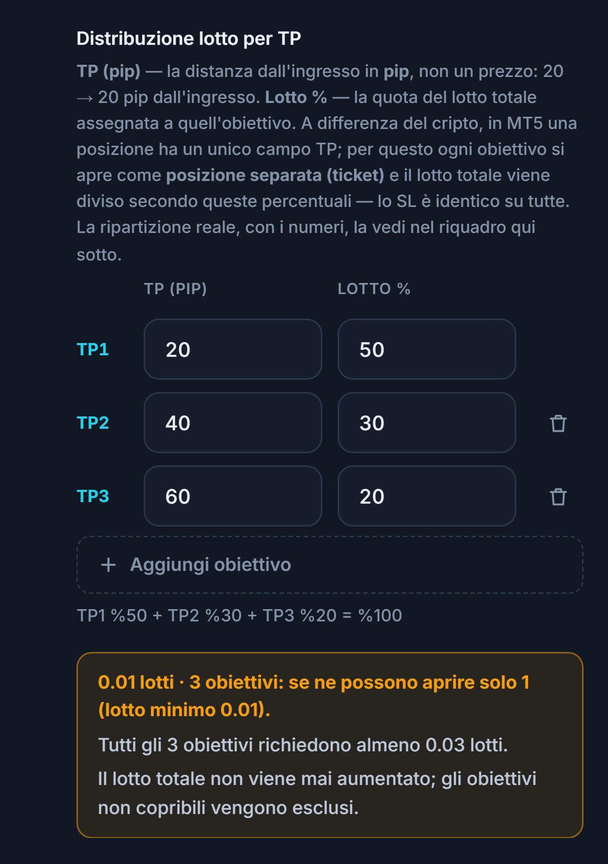 Avviso arancione: 0.01 lotti 3 obiettivi, si può aprire solo 1 obiettivo; per tutti e 3 gli obiettivi servono almeno 0.03 lotti