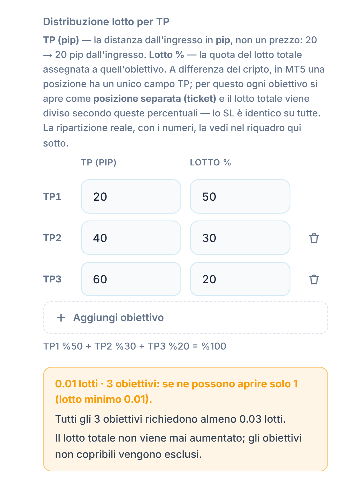 Avviso arancione: 0.01 lotti 3 obiettivi, si può aprire solo 1 obiettivo; per tutti e 3 gli obiettivi servono almeno 0.03 lotti