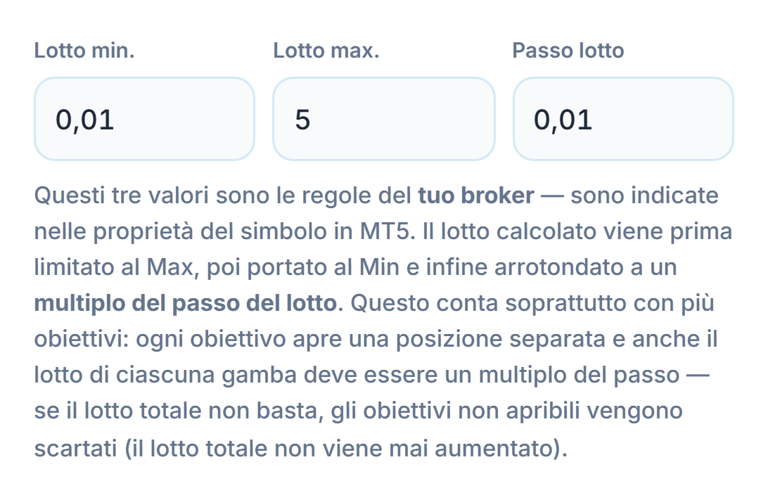 Campi Lotto min. 0.01, Lotto max. 5 e Passo lotto 0.01