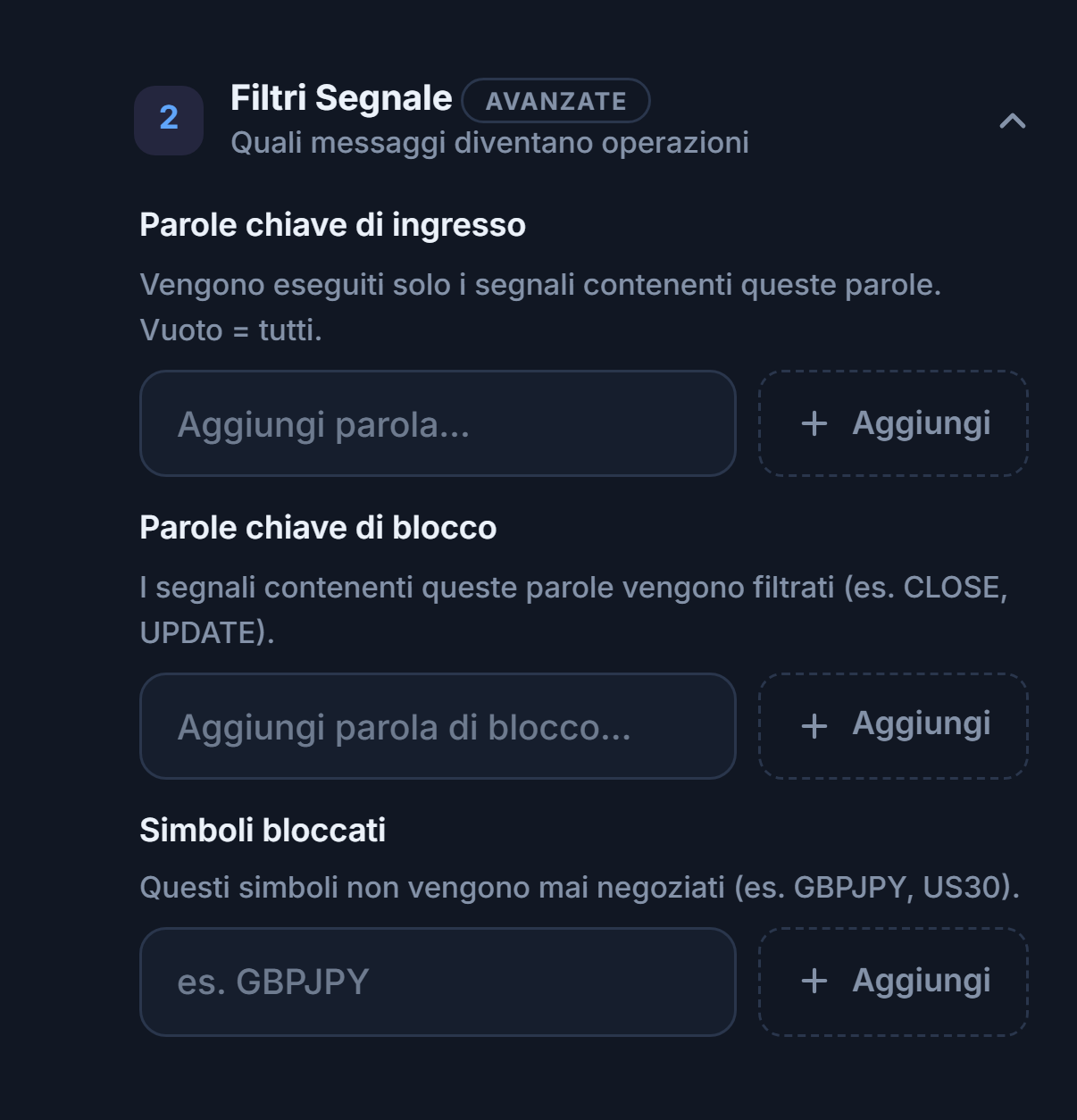 Filtri Segnale: campi Parole chiave di ingresso, Parole chiave di blocco e Simboli bloccati