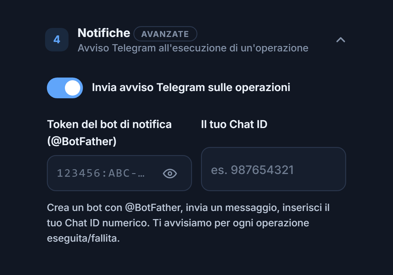 Notifiche: interruttore avviso Telegram attivo, campi token del bot e Chat ID