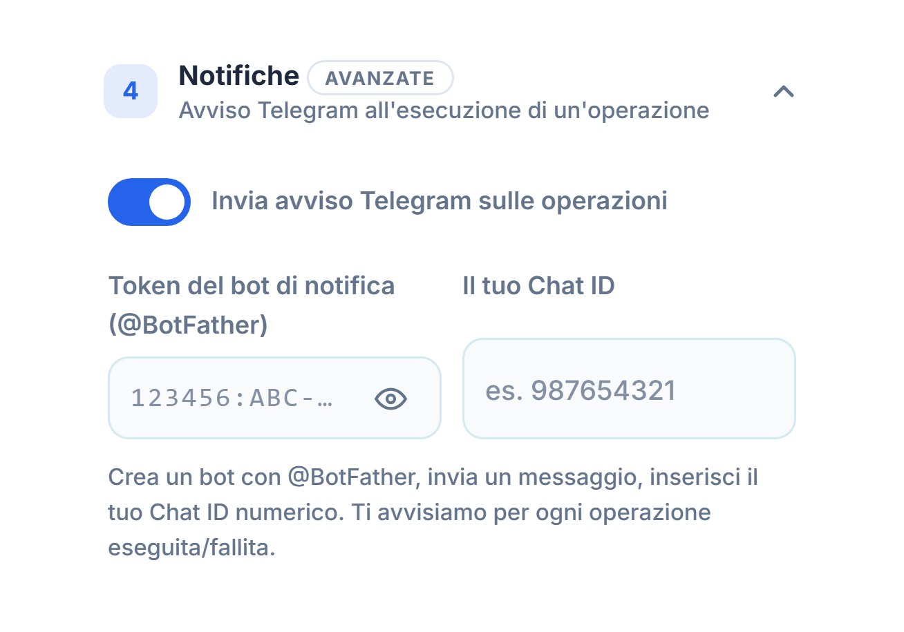 Notifiche: interruttore avviso Telegram attivo, campi token del bot e Chat ID