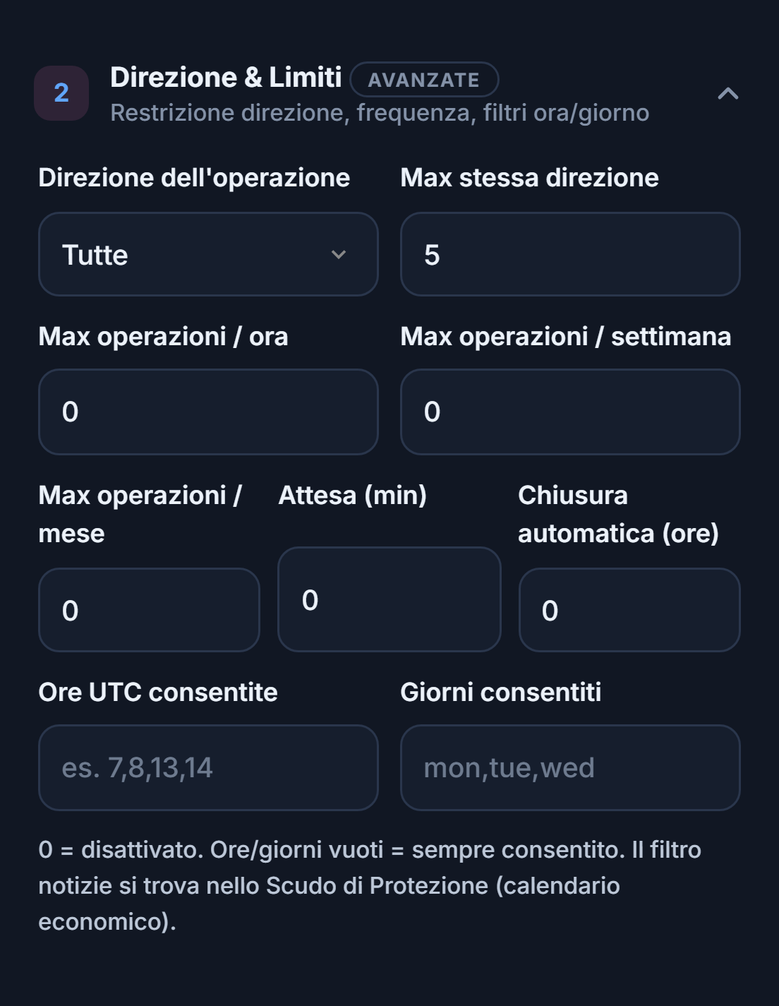 Direzione e Limiti: Direzione dell'operazione, Max stessa direzione, limiti di operazioni orari, settimanali e mensili, attesa, chiusura automatica, ore e giorni consentiti